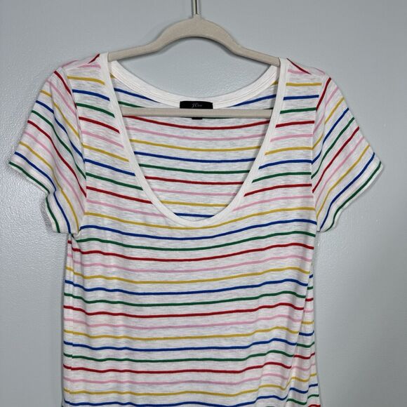 J Crew M Rainbow Stripe White Scoopneck T-shirt Dress Casual Summer Pride - Picture 2 of 5